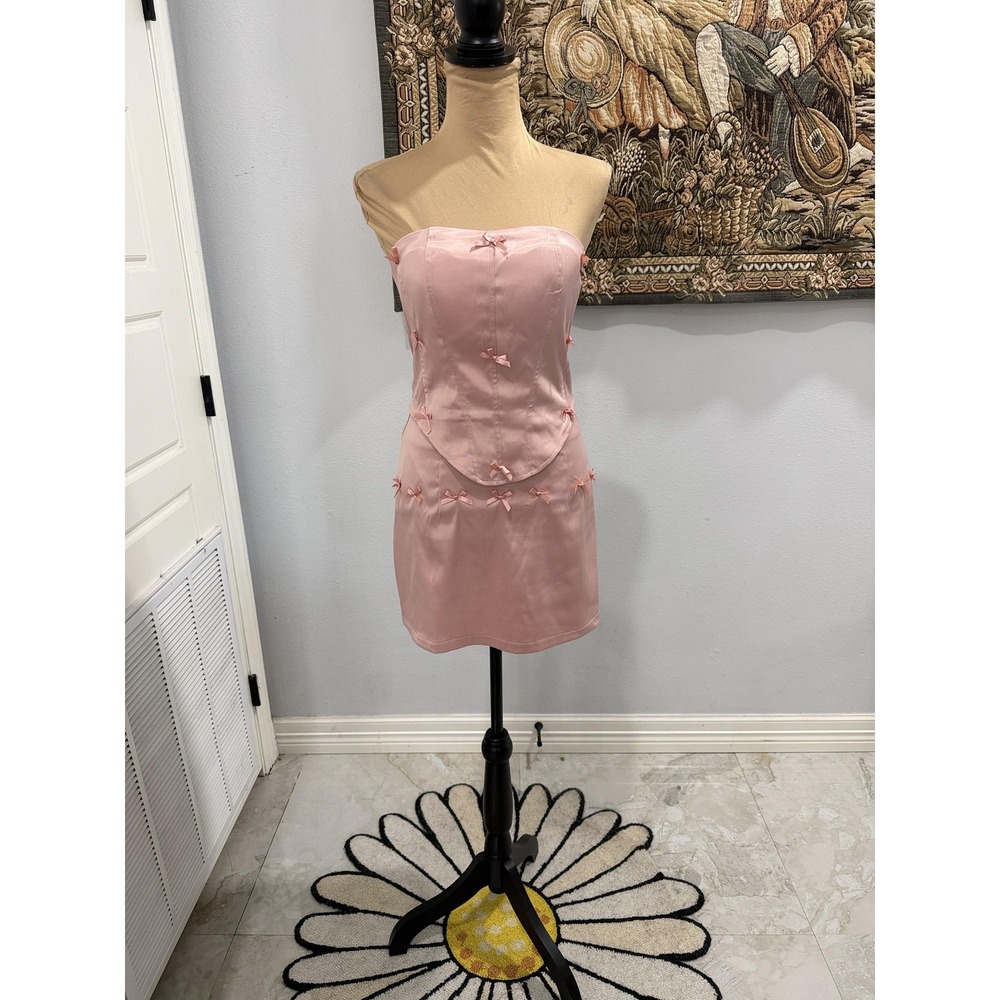 Pink Satin Bow Corset Skirt Set Womens‎ Medium Strapless Mini Y2K Style Party